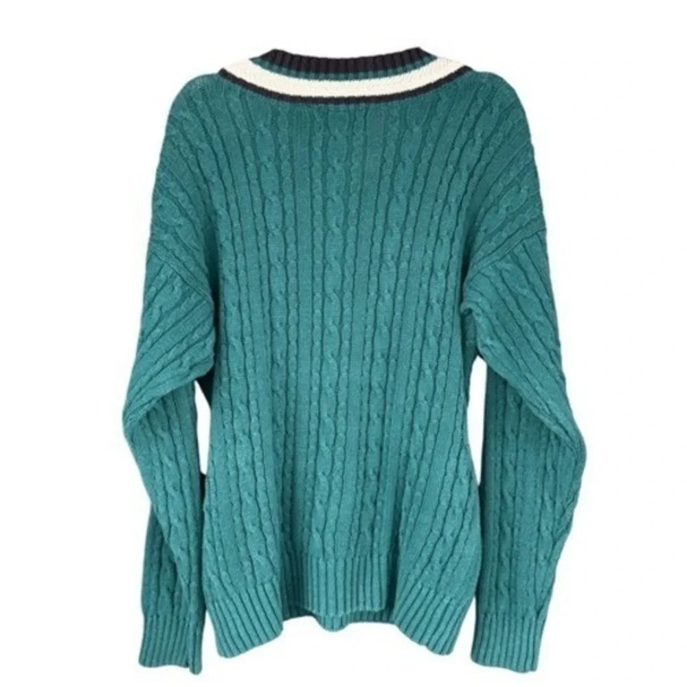 VTG‎ Par Four Cable Knit Cricket Sweater Vest Teal Trim Ramie Cotton